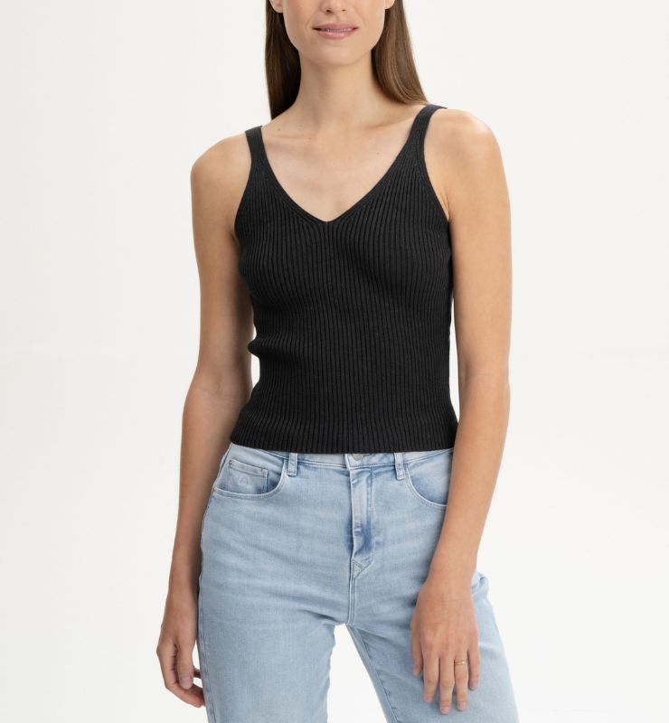 Top in maglia a costine con scollo a V